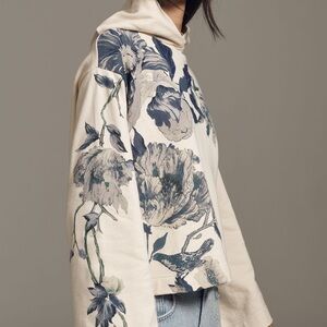 By Anthropologie Cream and Blue Floral Hooded sweatshirt